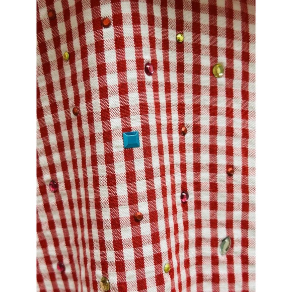 Quacker Factory L Red Checkered Button Front Shirt Beaded Bling Pockets - Picture 10 of 10